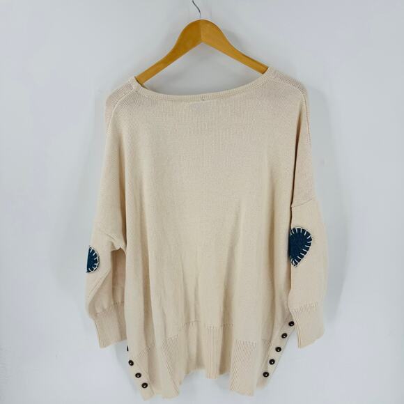 Shannon Passero Cream Knit Sweater L Denim Heart Elbow Patches Oversized Tunic - Picture 2 of 8